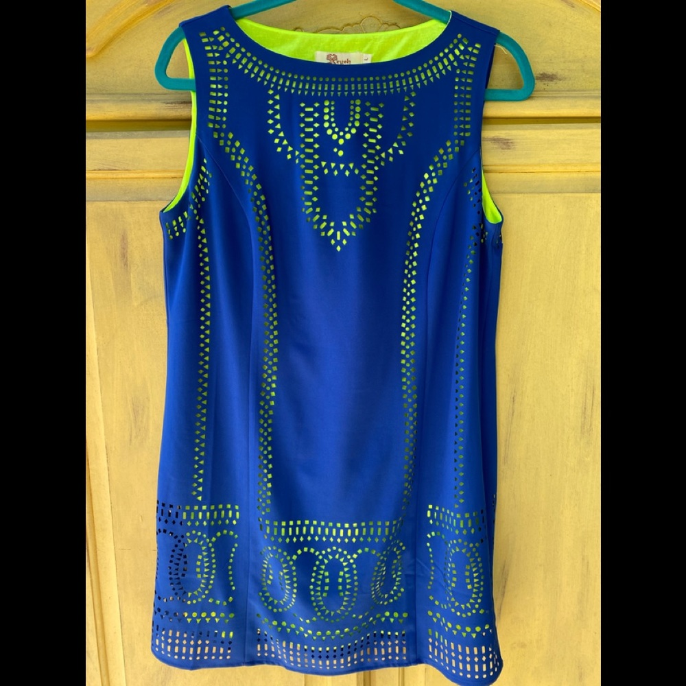 Aryeh Blue/lime green sleeveless dress
